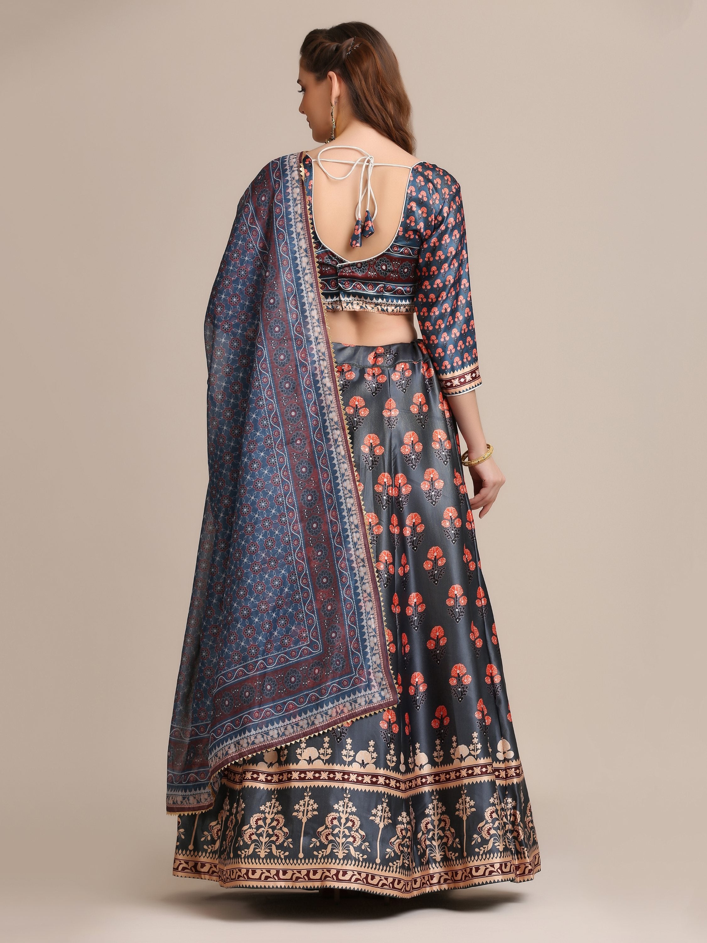 Jyoti Fashion Women's Dark Grey Jacquard Silk Floral Printed Lehenga Choli with Dupatta - Distacart