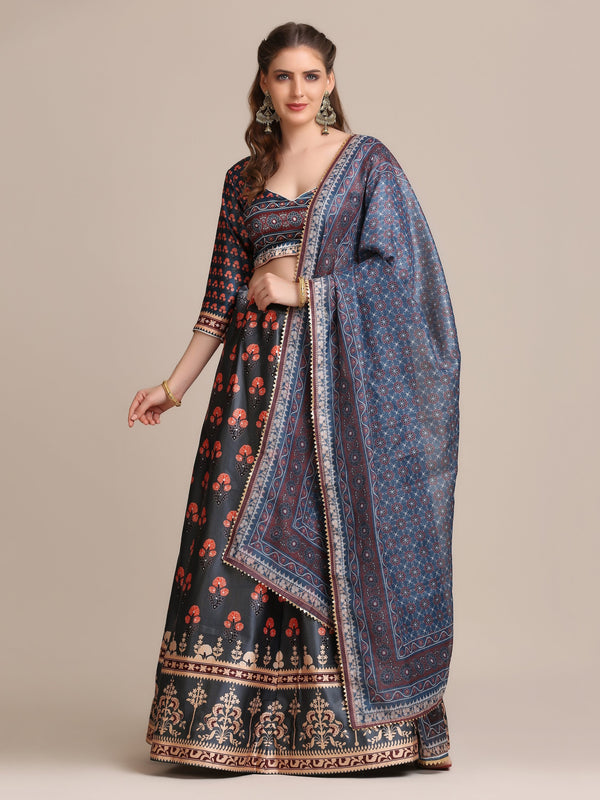 Jyoti Fashion Women's Dark Grey Jacquard Silk Floral Printed Lehenga Choli with Dupatta - Distacart
