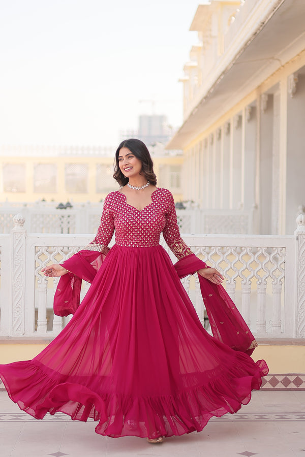 Jyoti Fashion Women's Rani Pink Faux Blooming Sequins with Zari Embroidered Anarkali Kurta with Dupatta - Distacart