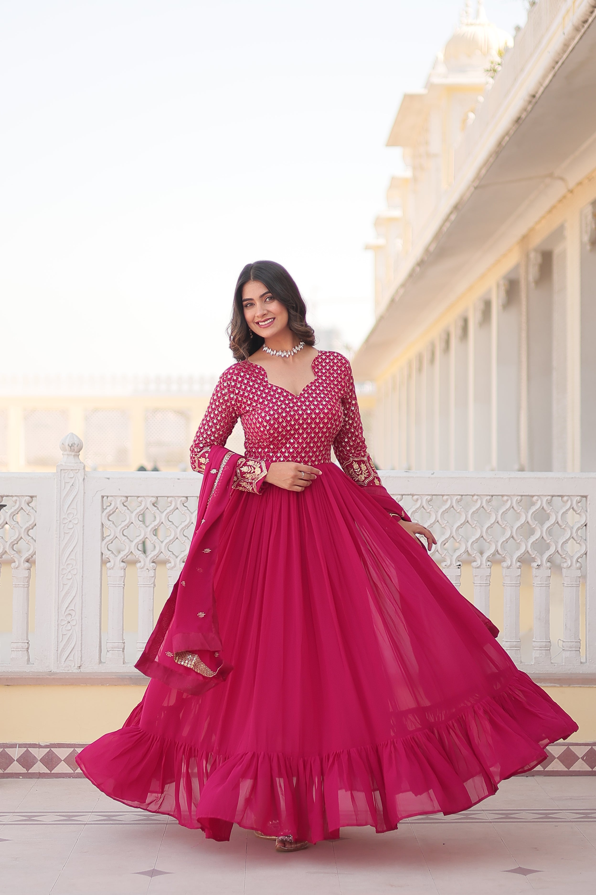 Jyoti Fashion Women's Rani Pink Faux Blooming Sequins with Zari Embroidered Anarkali Kurta with Dupatta - Distacart