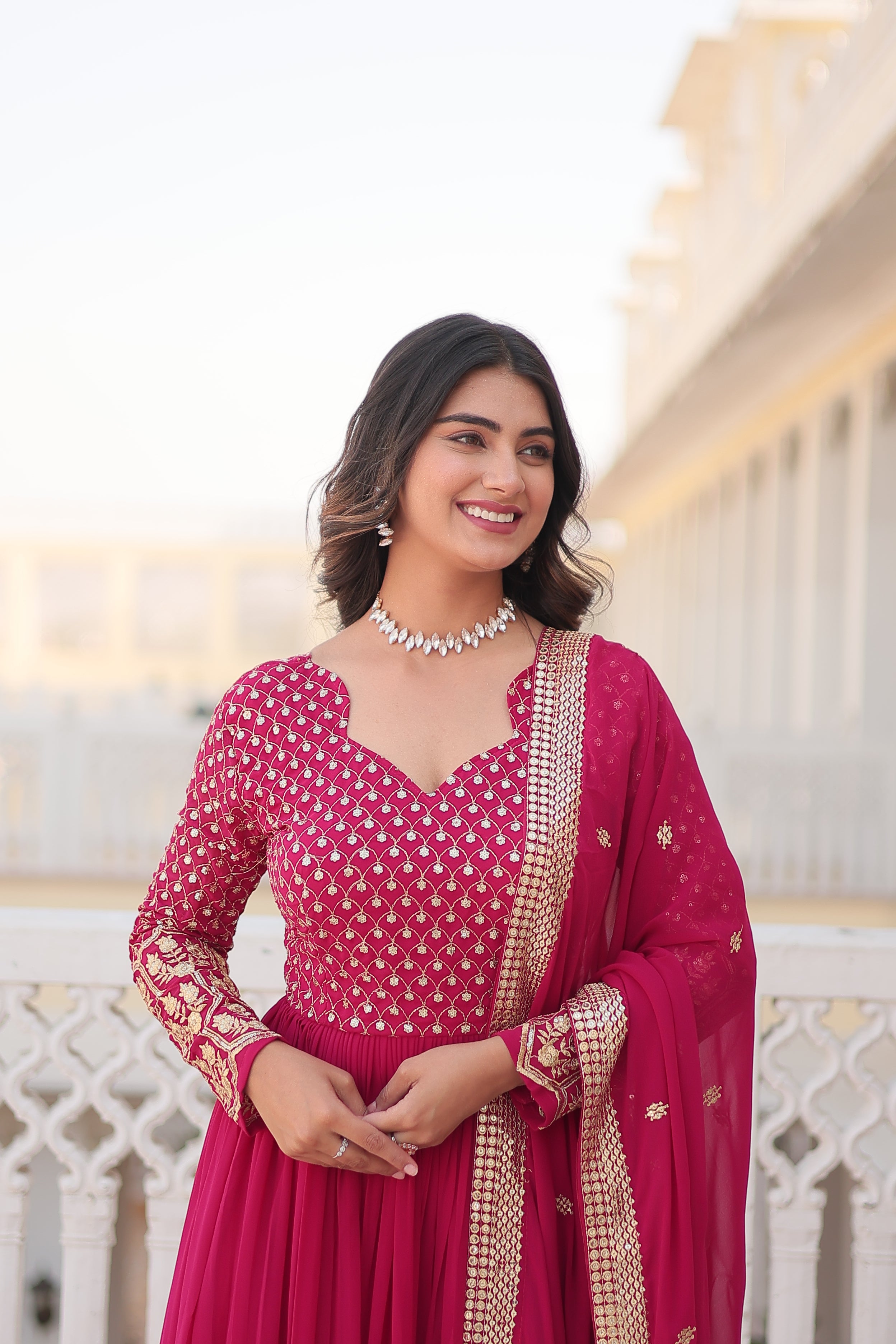 Jyoti Fashion Women's Rani Pink Faux Blooming Sequins with Zari Embroidered Anarkali Kurta with Dupatta - Distacart