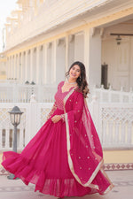 Thumbnail for Jyoti Fashion Women's Rani Pink Faux Blooming Sequins with Zari Embroidered Anarkali Kurta with Dupatta - Distacart