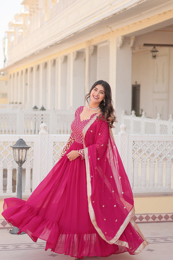 Jyoti Fashion Women's Rani Pink Faux Blooming Sequins with Zari Embroidered Anarkali Kurta with Dupatta - Distacart