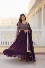 Thumbnail for Jyoti Fashion Women's Wine Faux Blooming Sequins with Zari Embroidered Anarkali Kurta with Dupatta - Distacart
