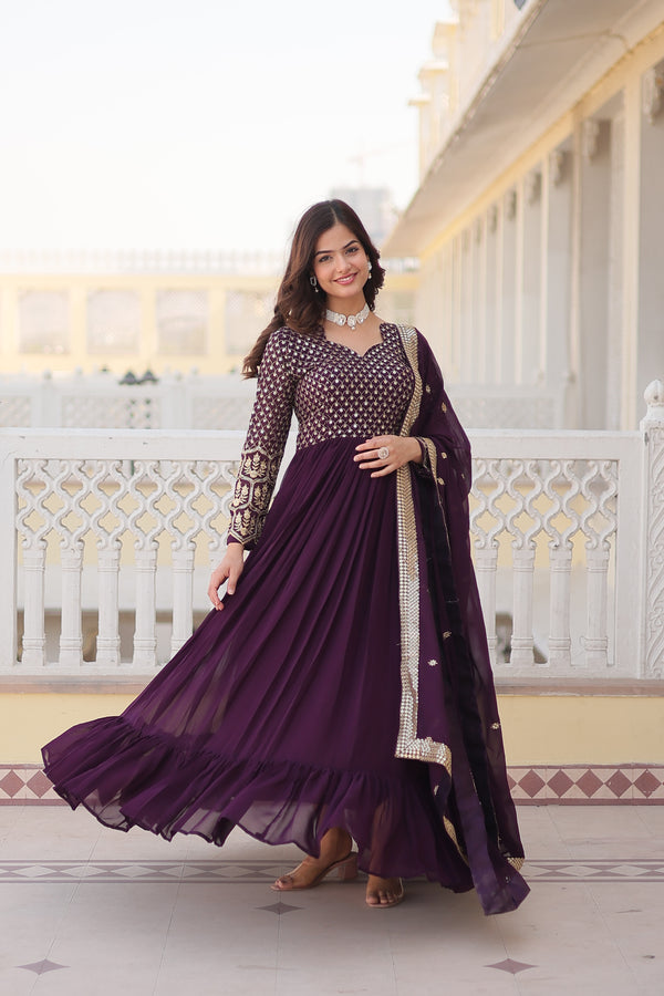Jyoti Fashion Women's Wine Faux Blooming Sequins with Zari Embroidered Anarkali Kurta with Dupatta - Distacart