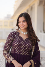 Thumbnail for Jyoti Fashion Women's Wine Faux Blooming Sequins with Zari Embroidered Anarkali Kurta with Dupatta - Distacart