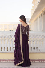 Thumbnail for Jyoti Fashion Women's Wine Faux Blooming Sequins with Zari Embroidered Anarkali Kurta with Dupatta - Distacart