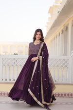Thumbnail for Jyoti Fashion Women's Wine Faux Blooming Sequins with Zari Embroidered Anarkali Kurta with Dupatta - Distacart