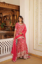 Thumbnail for Jyoti Fashion Women's Rani Pink Viscose Jacquerd Sequins with Zari Embroidered Gharara Set - Distacart
