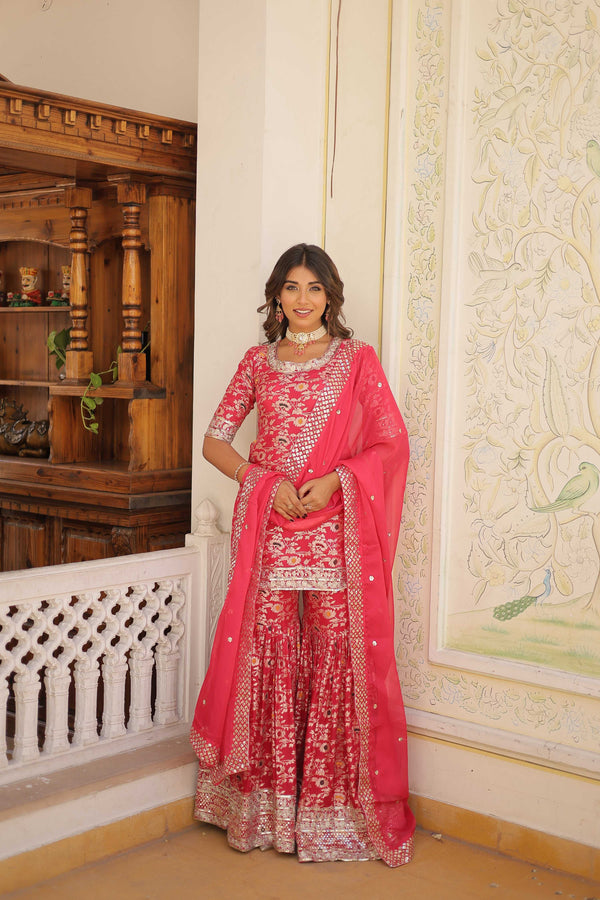 Jyoti Fashion Women's Rani Pink Viscose Jacquerd Sequins with Zari Embroidered Gharara Set - Distacart