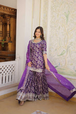 Thumbnail for Jyoti Fashion Women's Purple Viscose Jacquerd Sequins with Zari Embroidered Gharara Set - Distacart