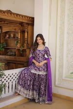 Thumbnail for Jyoti Fashion Women's Purple Viscose Jacquerd Sequins with Zari Embroidered Gharara Set - Distacart