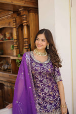 Thumbnail for Jyoti Fashion Women's Purple Viscose Jacquerd Sequins with Zari Embroidered Gharara Set - Distacart