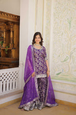 Thumbnail for Jyoti Fashion Women's Purple Viscose Jacquerd Sequins with Zari Embroidered Gharara Set - Distacart