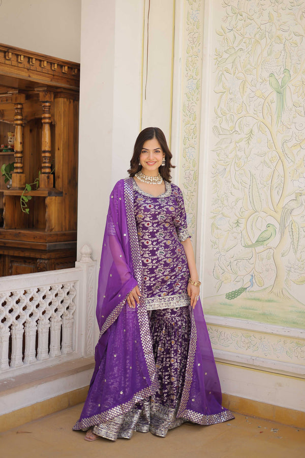 Jyoti Fashion Women's Purple Viscose Jacquerd Sequins with Zari Embroidered Gharara Set - Distacart