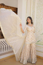 Thumbnail for Jyoti Fashion Women's Off White Viscose Jacquerd Sequins with Zari Embroidered Gharara Set - Distacart