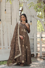 Thumbnail for Jyoti Fashion Women's Brown Vichitra Shimmer Sequins with Embroidered Anarkali Kurta with Dupatta - Distacart