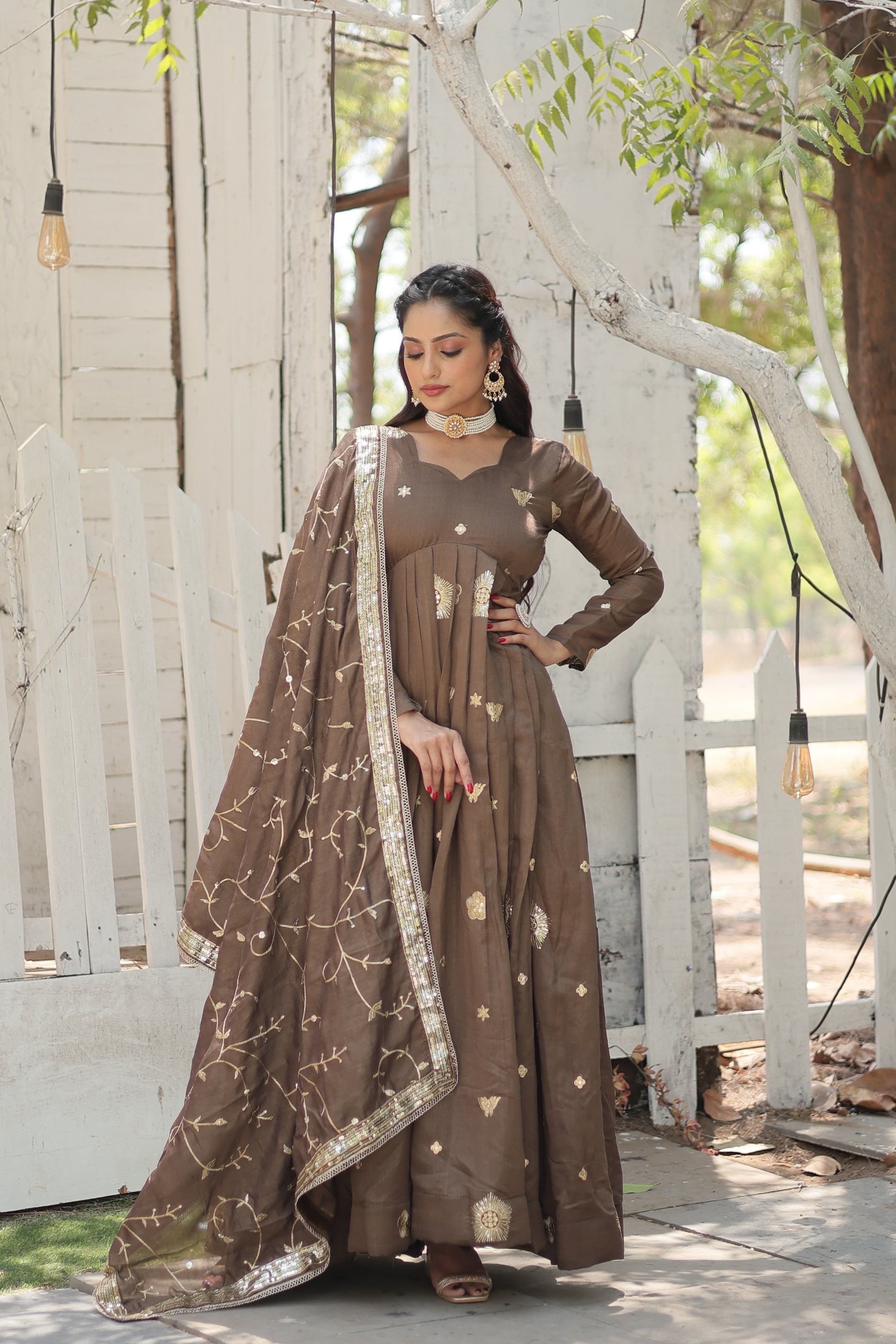 Jyoti Fashion Women's Brown Vichitra Shimmer Sequins with Embroidered Anarkali Kurta with Dupatta - Distacart