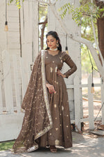 Thumbnail for Jyoti Fashion Women's Brown Vichitra Shimmer Sequins with Embroidered Anarkali Kurta with Dupatta - Distacart