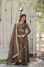 Thumbnail for Jyoti Fashion Women's Brown Vichitra Shimmer Sequins with Embroidered Anarkali Kurta with Dupatta - Distacart