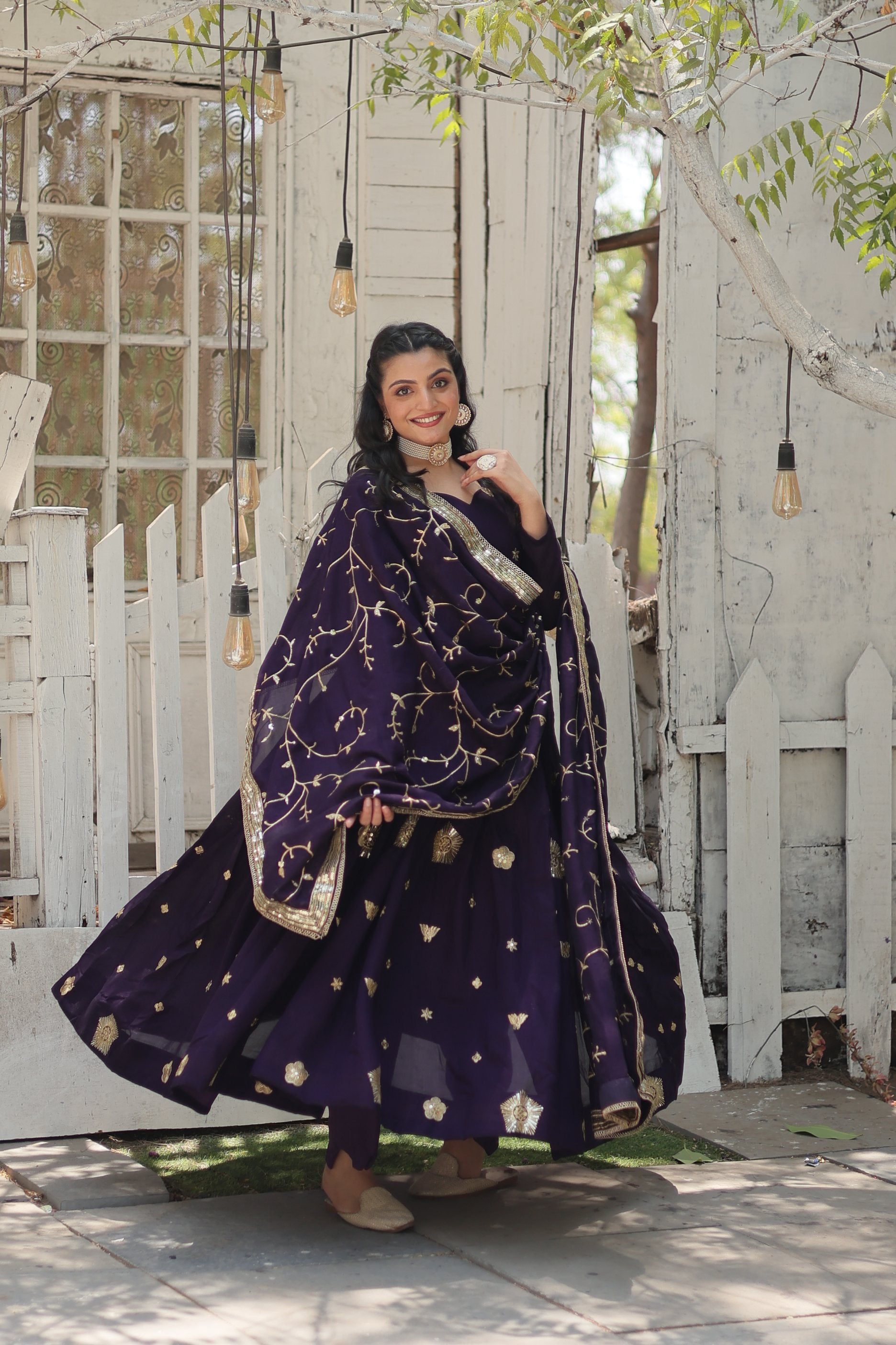 Jyoti Fashion Women's Purple Vichitra Shimmer Sequins with Embroidered Anarkali Kurta with Dupatta - Distacart