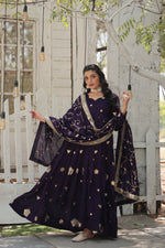 Thumbnail for Jyoti Fashion Women's Purple Vichitra Shimmer Sequins with Embroidered Anarkali Kurta with Dupatta - Distacart