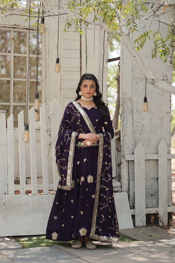 Jyoti Fashion Women's Purple Vichitra Shimmer Sequins with Embroidered Anarkali Kurta with Dupatta - Distacart