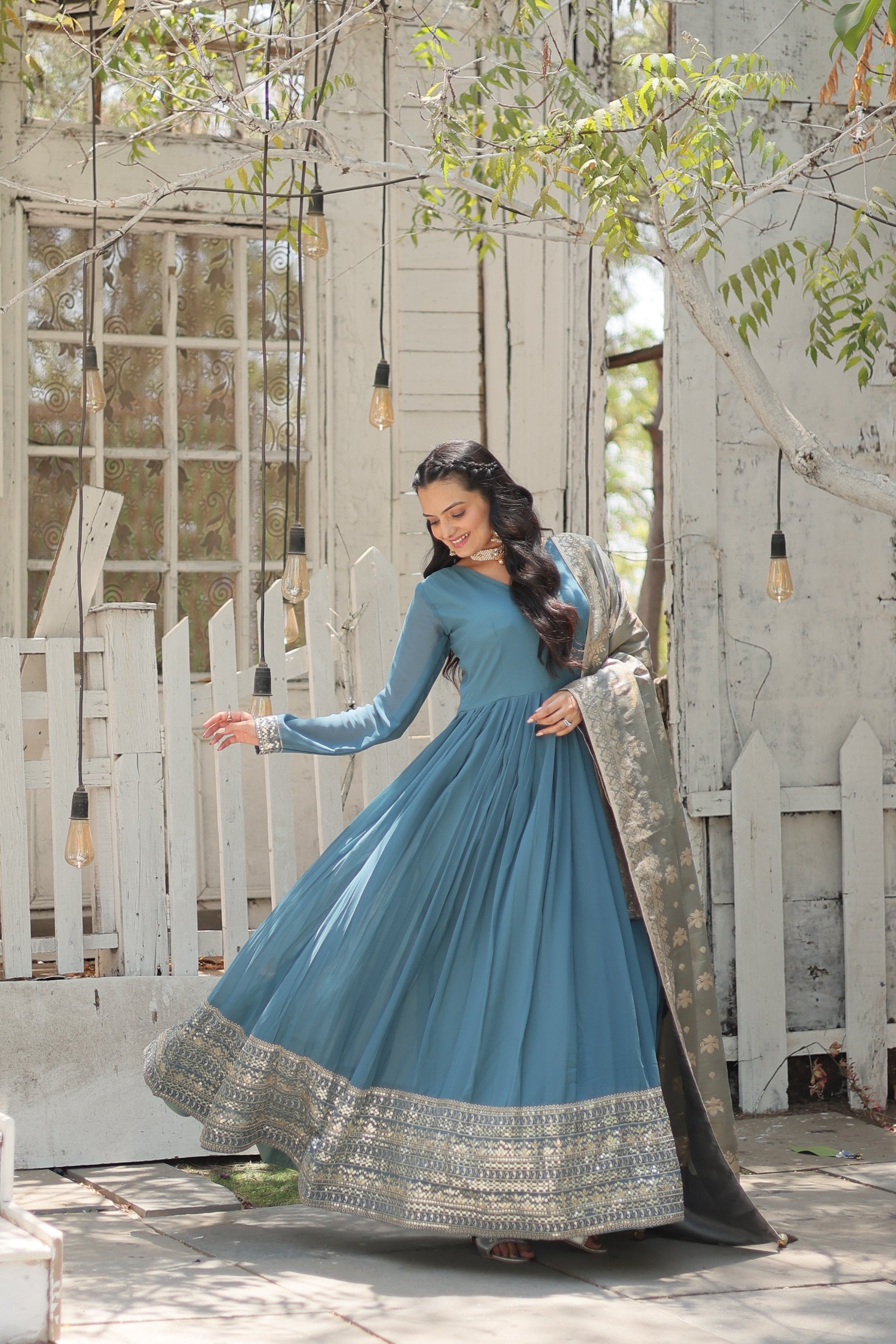 Jyoti Fashion Women's Sky Blue Faux Georgette Sequins with Embroidered Anarkali Kurta with Dupatta - Distacart
