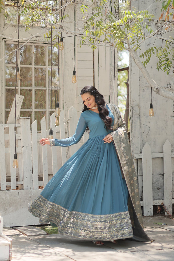Jyoti Fashion Women's Sky Blue Faux Georgette Sequins with Embroidered Anarkali Kurta with Dupatta - Distacart