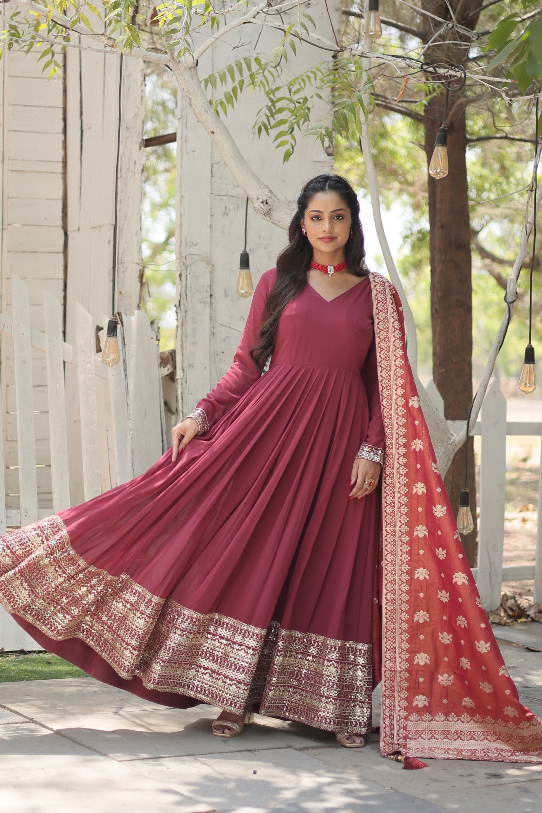 Jyoti Fashion Women's Dark Pink Faux Georgette Sequins with Embroidered Anarkali Kurta with Dupatta - Distacart