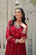 Thumbnail for Jyoti Fashion Women's Maroon Faux Blooming Sequins with Embroidered Anarkali Kurta with Dupatta - Distacart