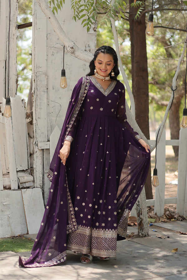 Jyoti Fashion Women's Purple Faux Blooming Sequins with Embroidered Anarkali Kurta with Dupatta - Distacart