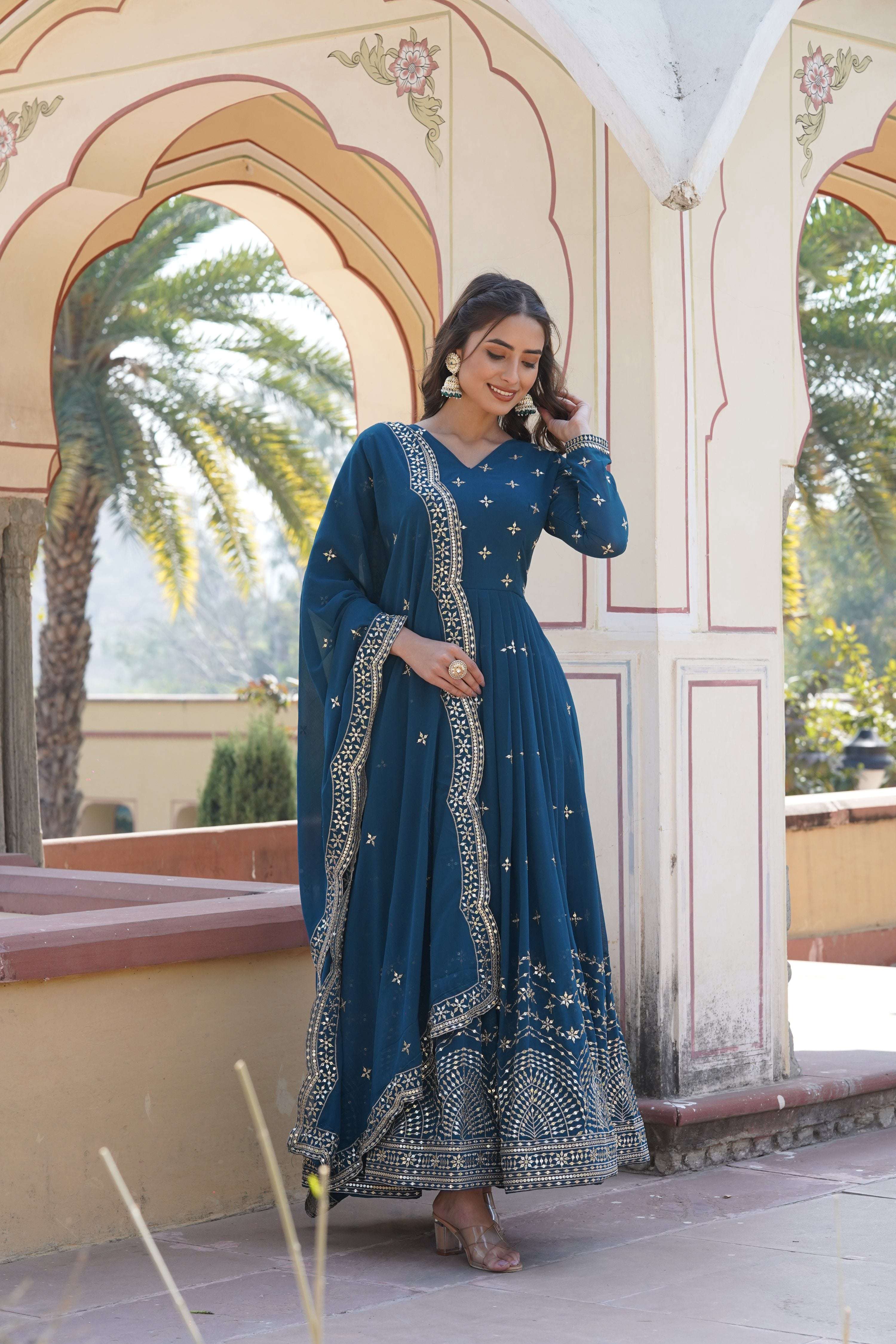 Jyoti Fashion Women's Rama Faux Georgette Sequins with Zari Embroidered Anarkali Kurta with Dupatta - Distacart