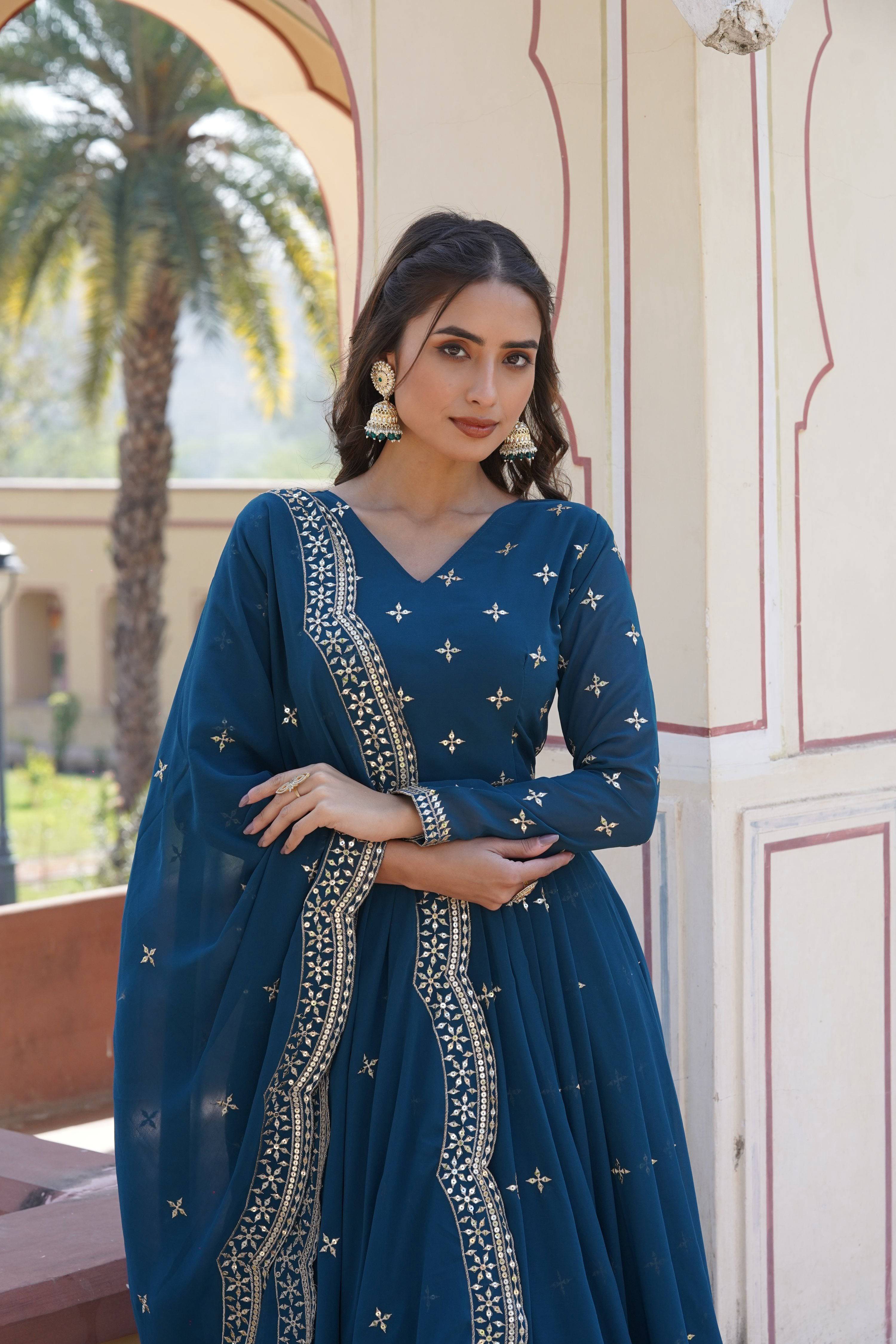 Jyoti Fashion Women's Rama Faux Georgette Sequins with Zari Embroidered Anarkali Kurta with Dupatta - Distacart