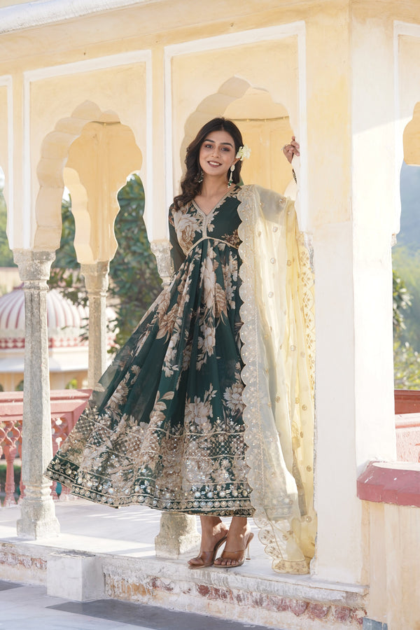 Jyoti Fashion Women's Bottle Green Russian Silk Sequins with Zari Embroidered Anarkali Kurta with Dupatta - Distacart