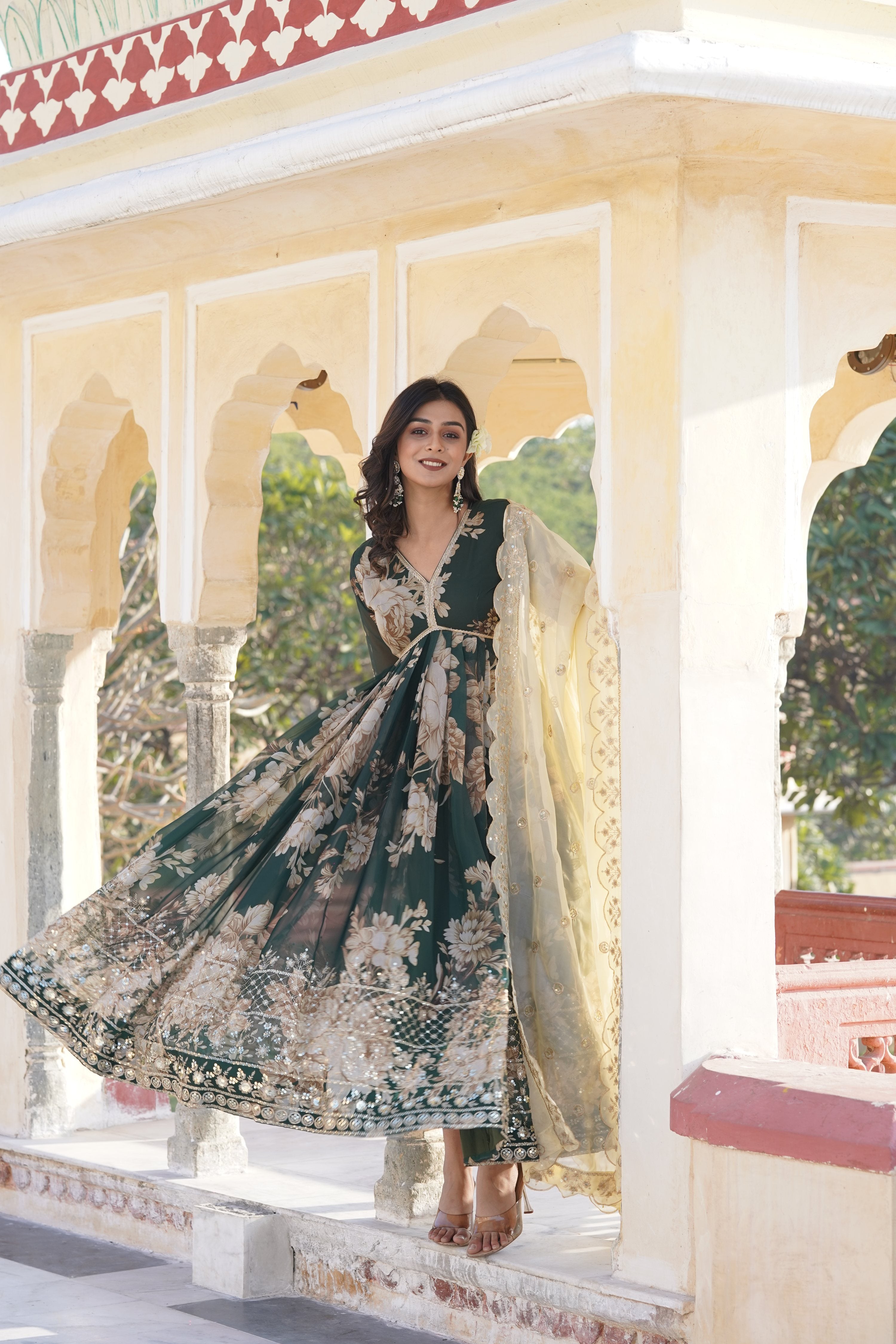 Jyoti Fashion Women's Bottle Green Russian Silk Sequins with Zari Embroidered Anarkali Kurta with Dupatta - Distacart
