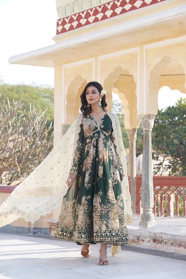 Jyoti Fashion Women's Bottle Green Russian Silk Sequins with Zari Embroidered Anarkali Kurta with Dupatta - Distacart