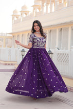 Thumbnail for Jyoti Fashion Women's Purple Faux Blooming Codding Sequins with Embroidered Long Anarkali Dress - Distacart