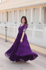 Thumbnail for Jyoti Fashion Women's Purple Faux Blooming Sequins with Zari Embroidered Long Anarkali Dress - Distacart