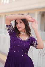 Thumbnail for Jyoti Fashion Women's Purple Faux Blooming Sequins with Zari Embroidered Long Anarkali Dress - Distacart
