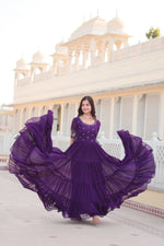 Thumbnail for Jyoti Fashion Women's Purple Faux Blooming Sequins with Zari Embroidered Long Anarkali Dress - Distacart