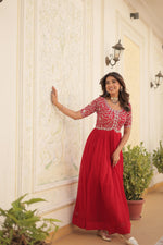 Thumbnail for Jyoti Fashion Women's Red Faux Blooming Sequins with Zari Embroidered Long Anarkali Dress - Distacart