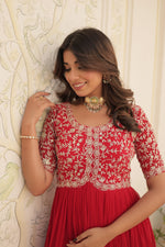 Thumbnail for Jyoti Fashion Women's Red Faux Blooming Sequins with Zari Embroidered Long Anarkali Dress - Distacart