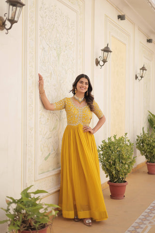 Jyoti Fashion Women's Yellow Faux Blooming Sequins with Zari Embroidered Long Anarkali Dress - Distacart