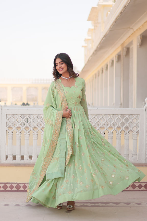 Jyoti Fashion Women's Pista Green Faux Georgette Sequins with Zari Embroidered Anarkali Kurta with Dupatta - Distacart