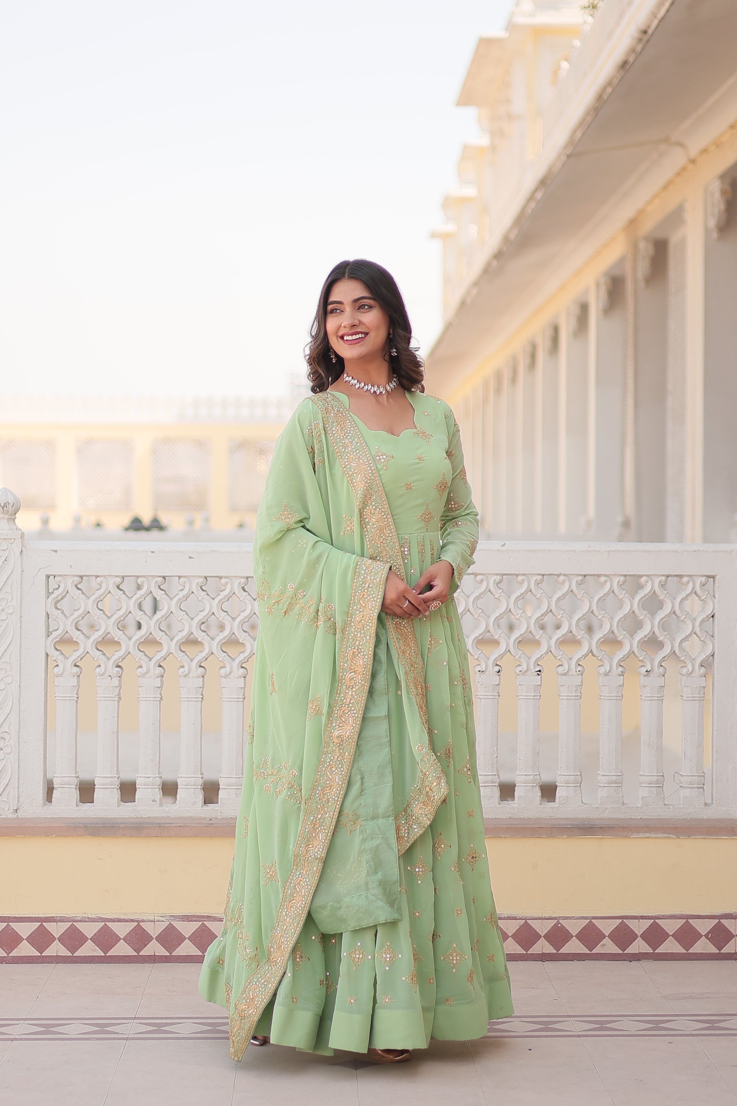 Jyoti Fashion Women's Pista Green Faux Georgette Sequins with Zari Embroidered Anarkali Kurta with Dupatta - Distacart
