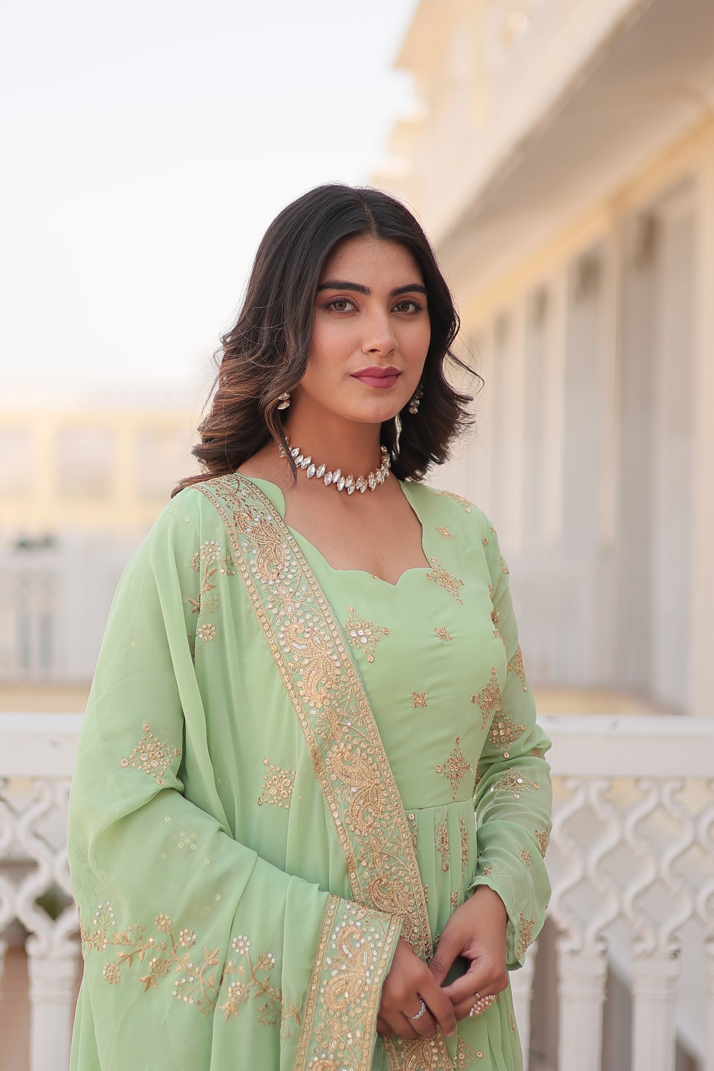 Jyoti Fashion Women's Pista Green Faux Georgette Sequins with Zari Embroidered Anarkali Kurta with Dupatta - Distacart