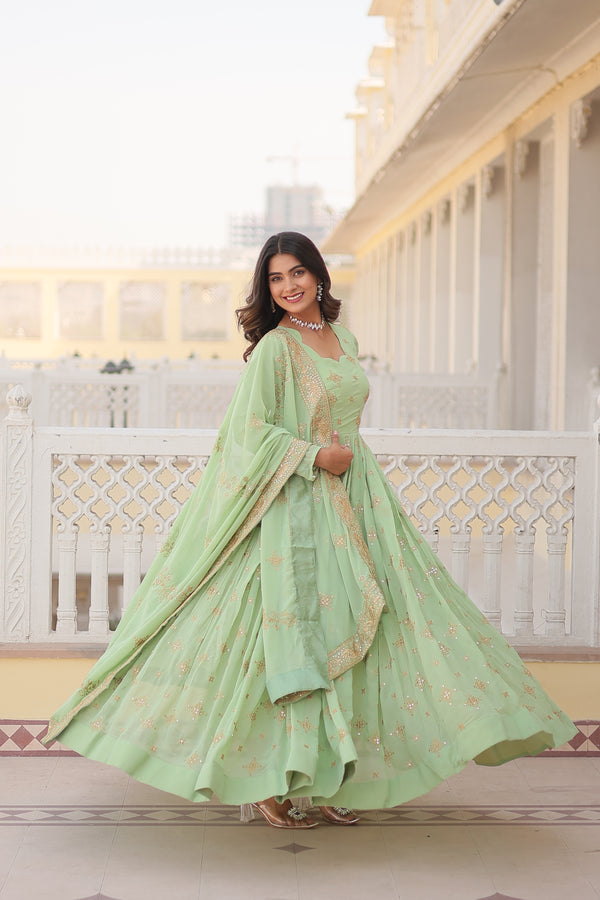 Jyoti Fashion Women's Pista Green Faux Georgette Sequins with Zari Embroidered Anarkali Kurta with Dupatta - Distacart
