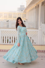 Thumbnail for Jyoti Fashion Women's Sky Blue Faux Georgette Sequins with Zari Embroidered Anarkali Kurta with Dupatta - Distacart