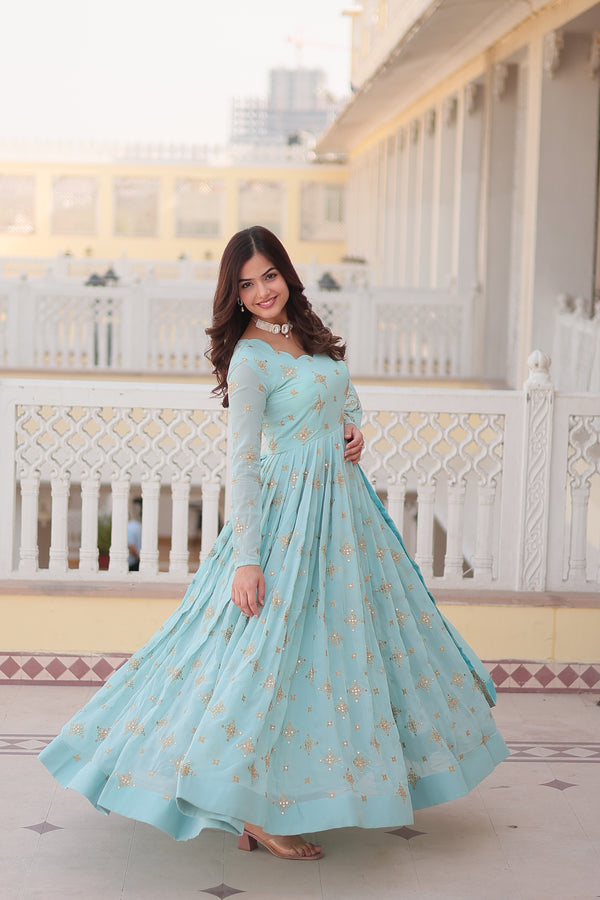 Jyoti Fashion Women's Sky Blue Faux Georgette Sequins with Zari Embroidered Anarkali Kurta with Dupatta - Distacart
